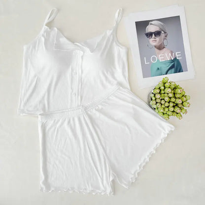Conjuntos De Pijama Neue Sexy Baumwolle Sling Top Shorts Set Bh Pad Sommer Nachtwäsche Pyjamas Für Frauen Hause Tragen Nachtwäsche Anzug.
