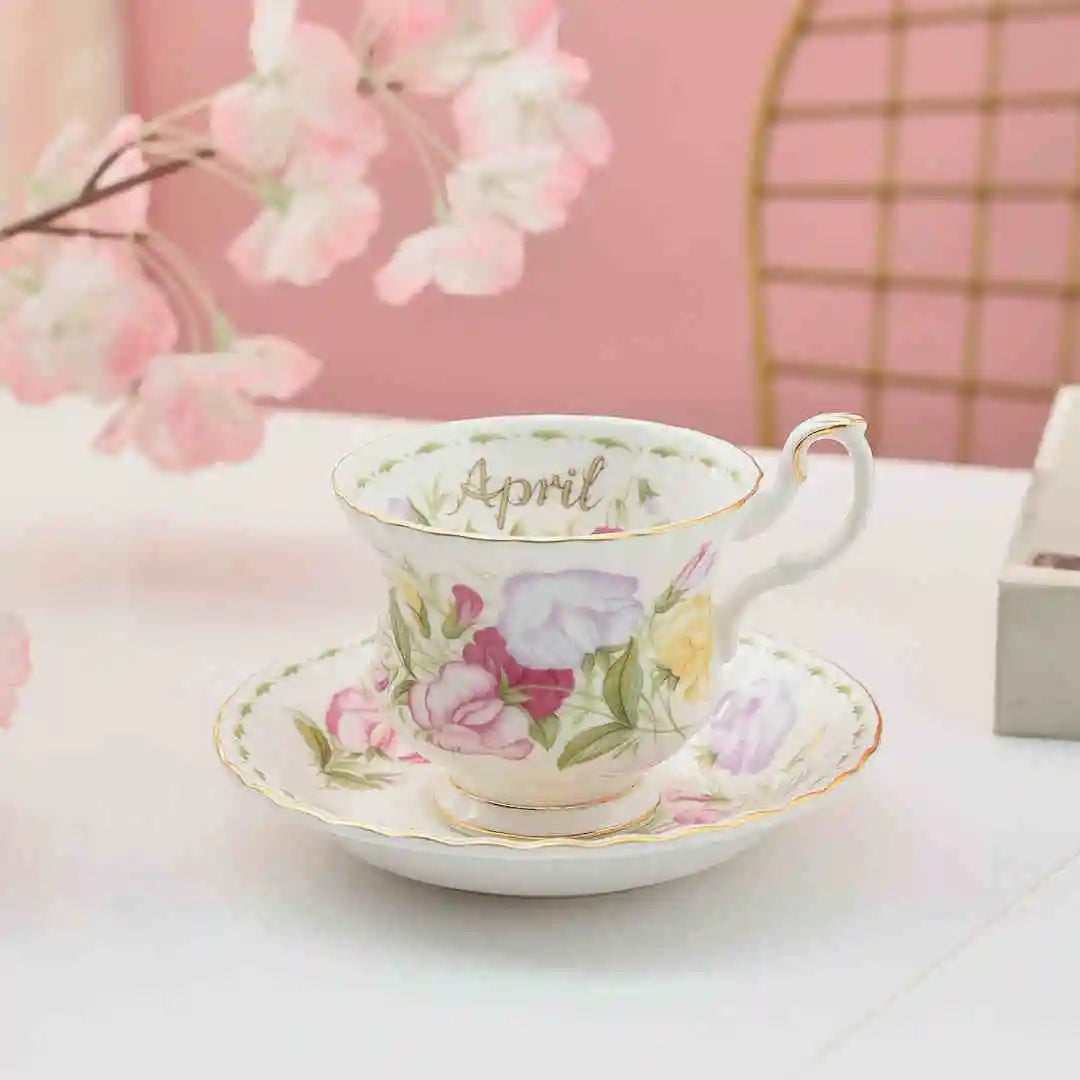 Coffee Cup and Saucer Set Month Flower Mug Bone China Drinking Set Ceramic Cup and Saucer Home Teacup Dessert Saucer Gifts