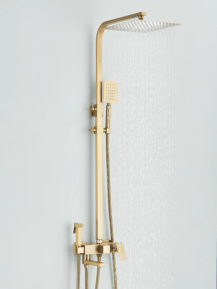 4 in 1 Gold Brushed Shower System Rainfall Shower Hot Cold Water Mixer With Bidet Faucet Bath Shower Faucet For Bathroom