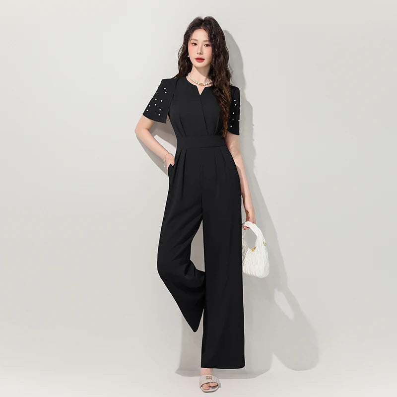 Women's Luxury Diamond-Studded Jumpsuit – Slim Fit Wide Leg Palazzo Pants, Autumn Short Sleeve Romper with High Waist.