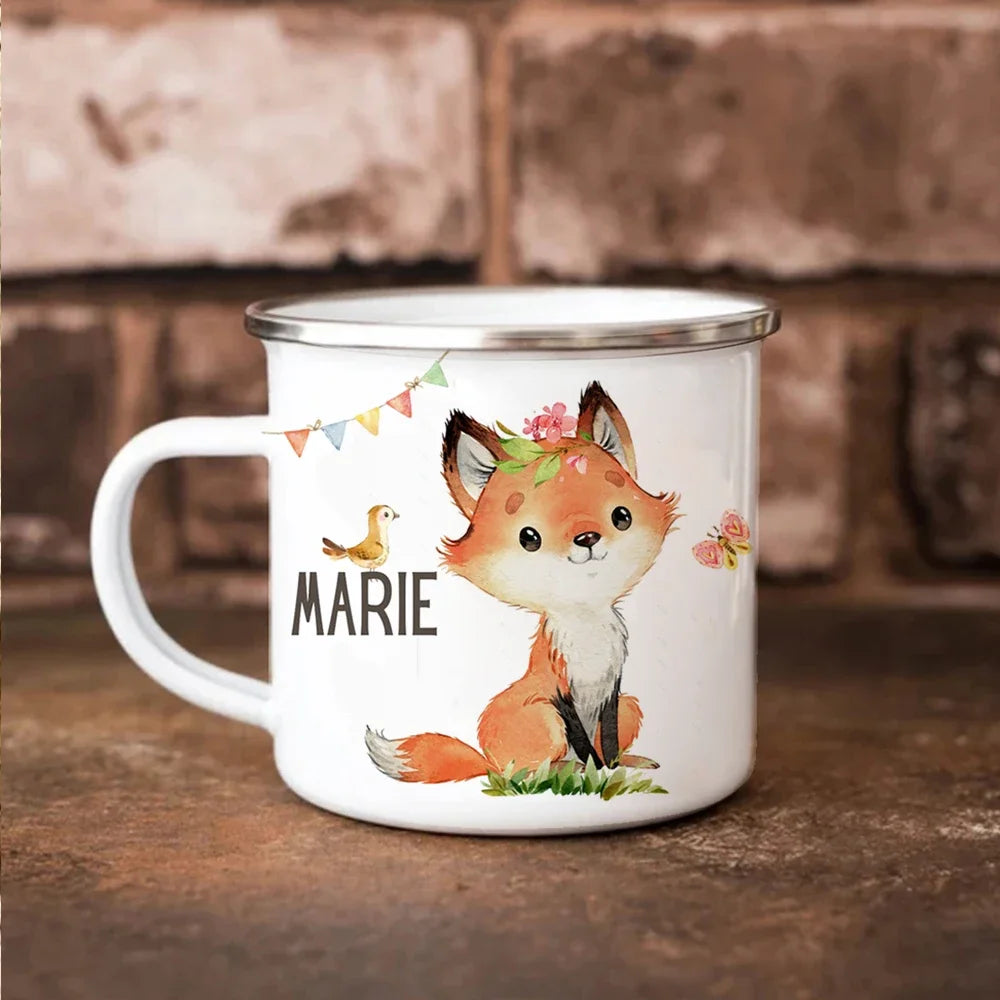 personalized name forest animals fox girl Gift Enamel Mug daughter Birthday Gift Milk Cup Modern printed enamel mug.