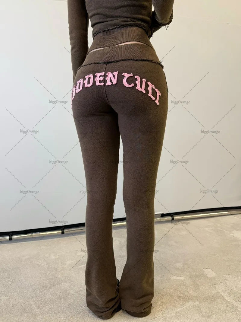 2025 Hip-hop Street Fashion Sports Suit New Letter Embroidery Brown Zipper Hoodie Casual American Loose Straight Pants Women.