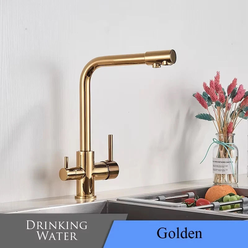 Filter Kitchen Faucet Chrome Drinking Pure Water Kitchen Tap Deck Mounted Dual Handles 3-Ways Hot and Cold Water Mixer