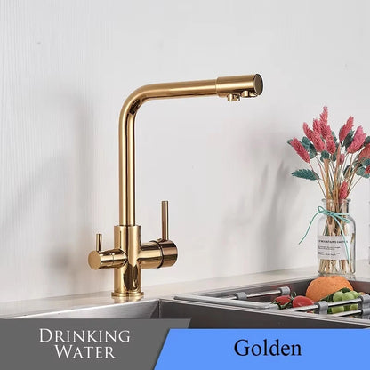 Filter Kitchen Faucet Chrome Drinking Pure Water Kitchen Tap Deck Mounted Dual Handles 3-Ways Hot and Cold Water Mixer