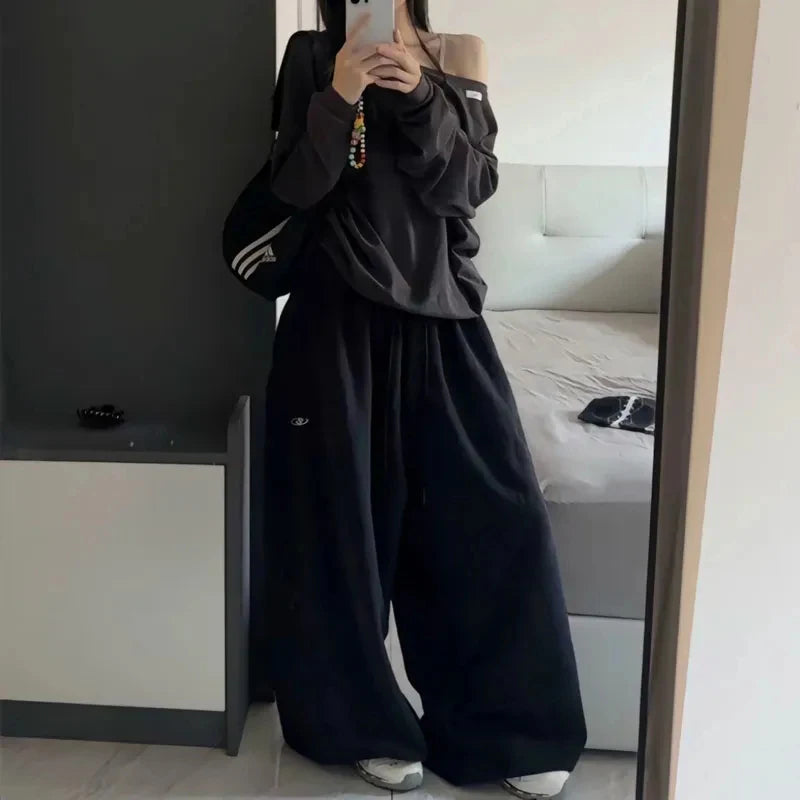 Oversize Cotton Pants Woman Y2K Casual Drawstring Trousers Korean Streetwear High Waist All Match Jogger Pants Grey Sweatpants.