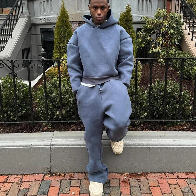 Men Cotton Vintage Tracksuit 2pcs Set Hoodies Straight Pants Casual Loose Hip Hop Sports Hooded Pullover Trousers Y2k Streetwear.