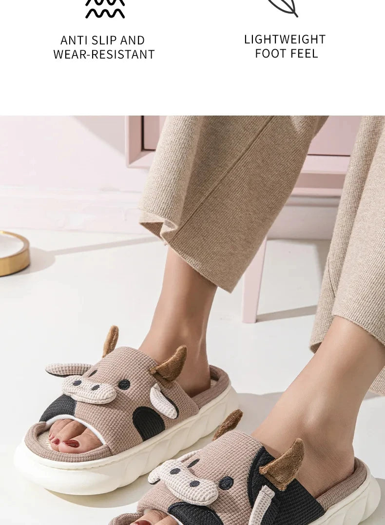 Shevalues Plush Cartoon Milk Cow Slippers Winter Women Slippers Furry Non-Slips Women Cotton Slides Couples Soft Cozy Flat Shoes