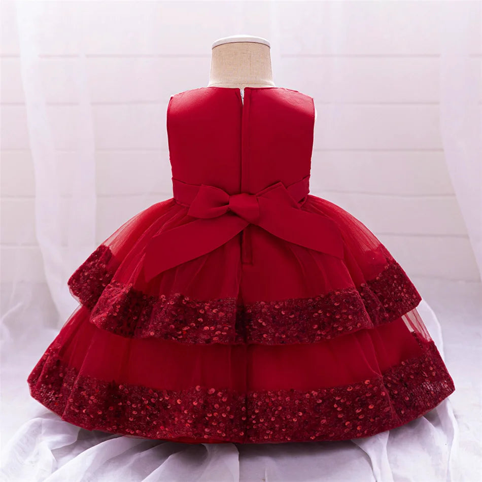 Kleinkind Rot Pailletten Mesh Kleid Mädchen Baby Einfarbig Neue Jahr Party Formale Kostüm Leistung Prinzessin Kleid Geburtstag Kleidung.
