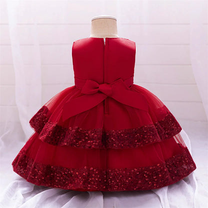 Kleinkind Rot Pailletten Mesh Kleid Mädchen Baby Einfarbig Neue Jahr Party Formale Kostüm Leistung Prinzessin Kleid Geburtstag Kleidung.