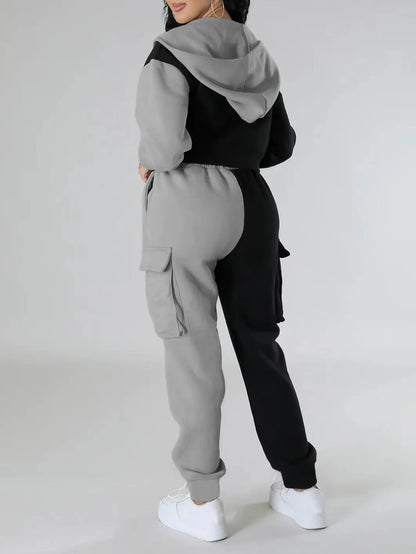 Women Loose Autumn Winter Two Pieces Suit Matching Sets Hoodie Tracksuit Blocked Zipper Short Outerwear Drawstring Cargo Pants.