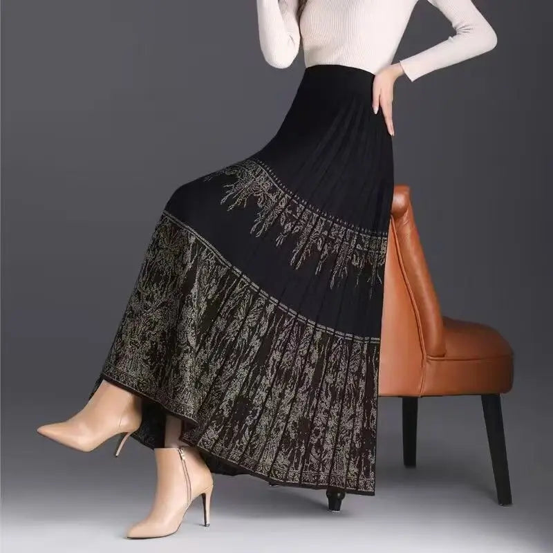 FairyShely Pleated Knitted Skirt For Women 2025 Autumn Winter Warm High Waist Long Skirts Ladies Plus Size Black A-line Skirt.