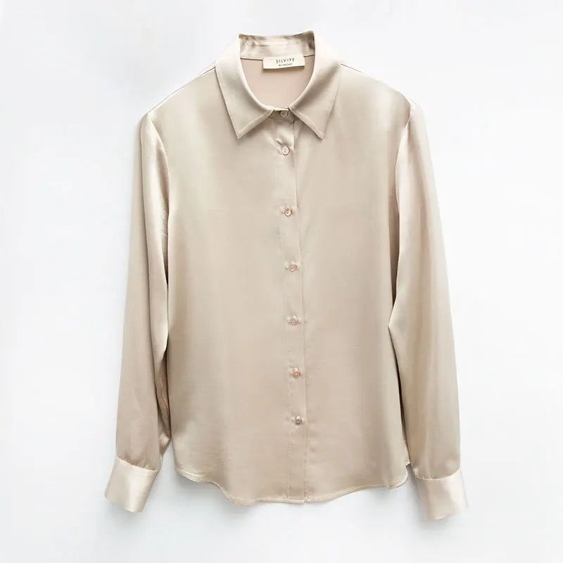 Women's French Style High Quality 40 MM Heavy Office Lady Solid Satin Silk Long Sleeve Shirt Ladies' Blouse.