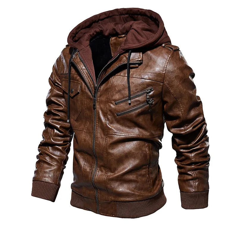 American Autumn and Winter Men's Leather Jacket Top Men's Warm Hooded Jacket, Men's Casual Trendy Jacket.