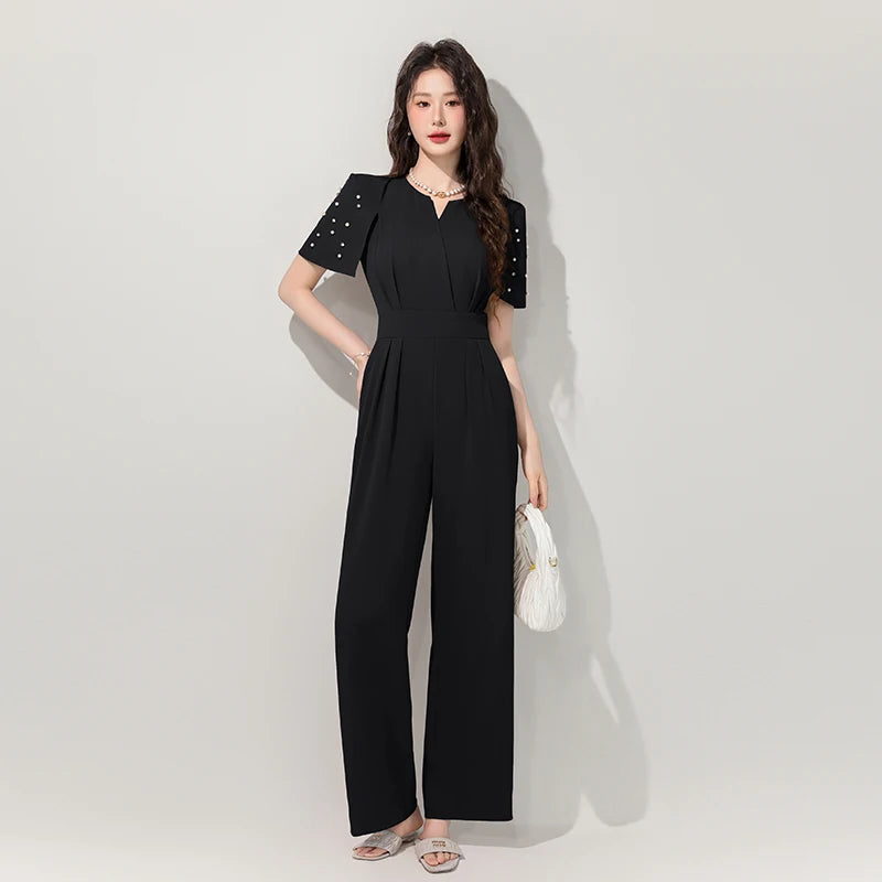 Women's Luxury Diamond-Studded Jumpsuit – Slim Fit Wide Leg Palazzo Pants, Autumn Short Sleeve Romper with High Waist.