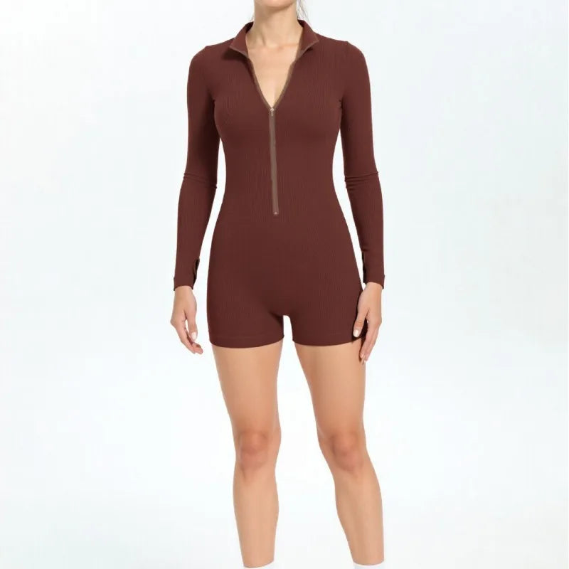 Seamless Ribbed Knit Bodysuit Women Zip Up Stand Collar Long Sleeve Thumbhole Yoga Romper Winter Thermal Workout Outfit.