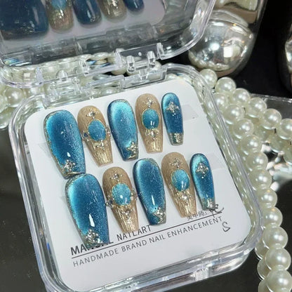10Pcs Handmade Press on Nails Long Ballet Blue Fake Nails with 3D Ocean Moon Rhinestone Design False Nails Full Cover Nail Tips.