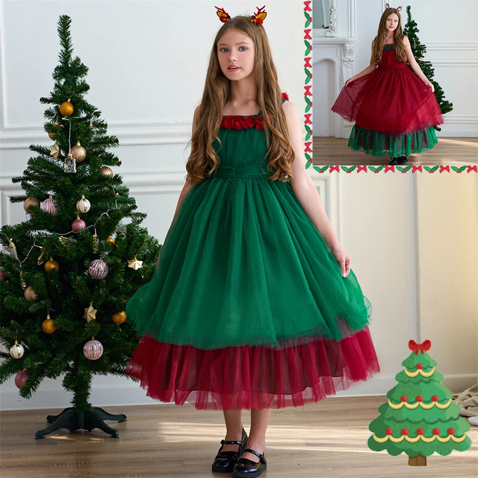 Mädchen Rot Grün Weihnachten Ballkleid Kinder Hochzeit Ball Party Abendkleid Prinzessin Vestido Kinder Karneval Leistung Kleidung.