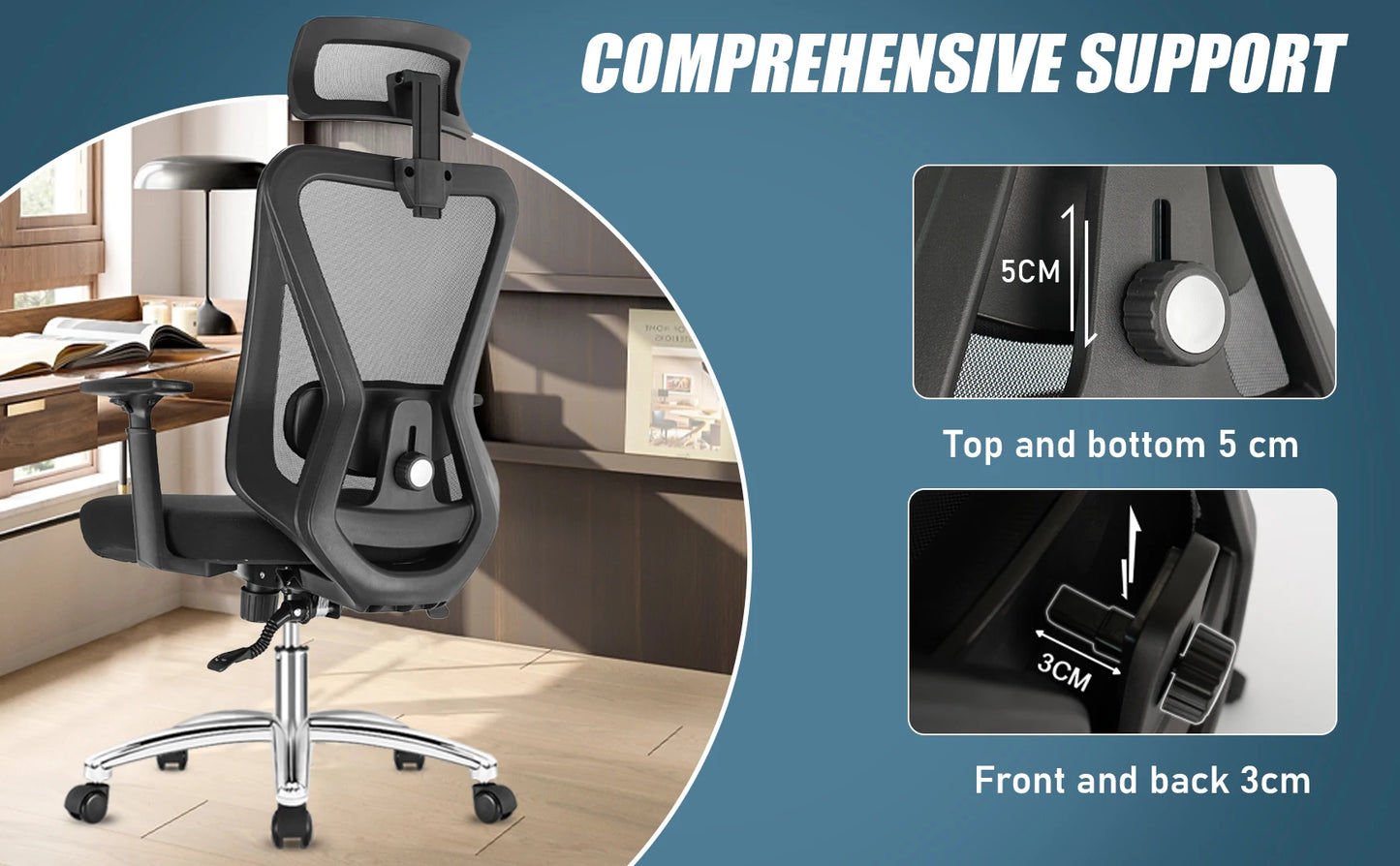 Durrafy Ergonomischer Bürostuhl, Schreibtischstuhl mit Kopfstütze, Armlehnen, Drehstühle mit 90er ° -130 °   Liegefunktion (abschließbar)