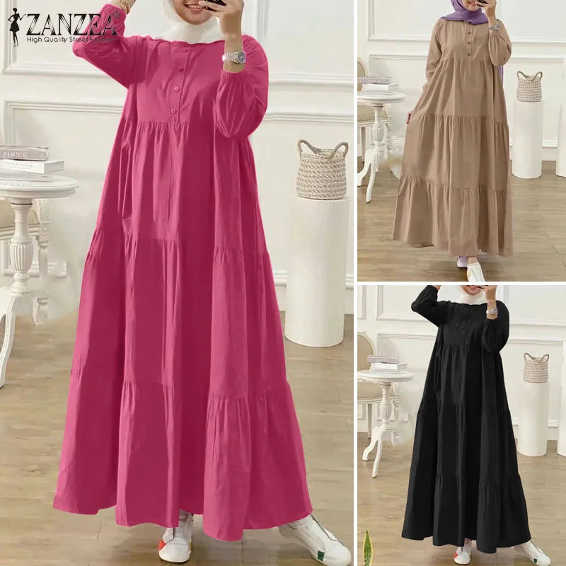ZANZEA O Neck Casual Loose Maxi Dress Tiered Islamic Hijab Women Long Sleeve Long Vestidos Muslim Fashion Autumn Abaya Robes.