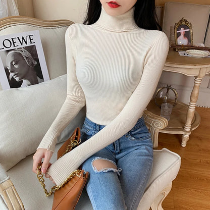 2023 herbst Winter Frauen Langarm Gestrickte Foldover Rollkragen Rippen Pull Pullover Weiche Warme Femme Jumper Pullover Kleidung