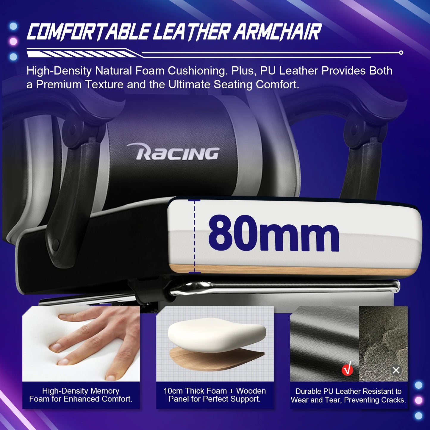 AUTHMIC Ergonomischer Gaming-Stuhl mit 170er °   Liegende Rückenlehne, faltbare Fußstütze, weiche Armlehnen, 150 kg, atmungsaktives Material