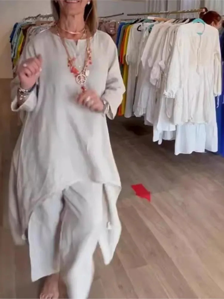 Spring Autumn Solid Color O Neck Seven-point Sleeve Long Women Suit Retro Casual Loose Seven-point Pants Cotton Linen 2piece Set.