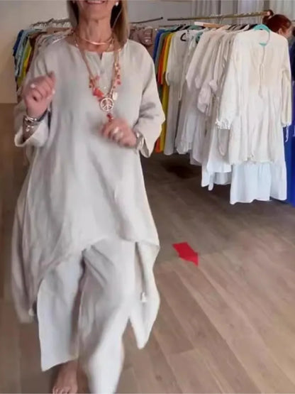 Spring Autumn Solid Color O Neck Seven-point Sleeve Long Women Suit Retro Casual Loose Seven-point Pants Cotton Linen 2piece Set.