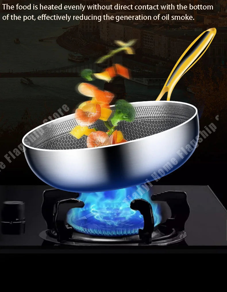 316 Stainless Steel Frying Pan Wok Non-stick Cooking Honeycomb Steak Gas Stove Pot Induction General Saucepan Kitchen Cookware.