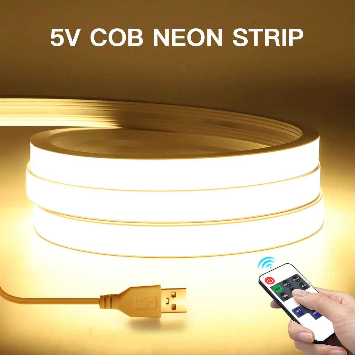 USB 5V Remote Control Dimmable Pure Silicone Tube COB Neon LED Strip Light Waterproof For Garden Bedroom Kitchen Backlight Decor.