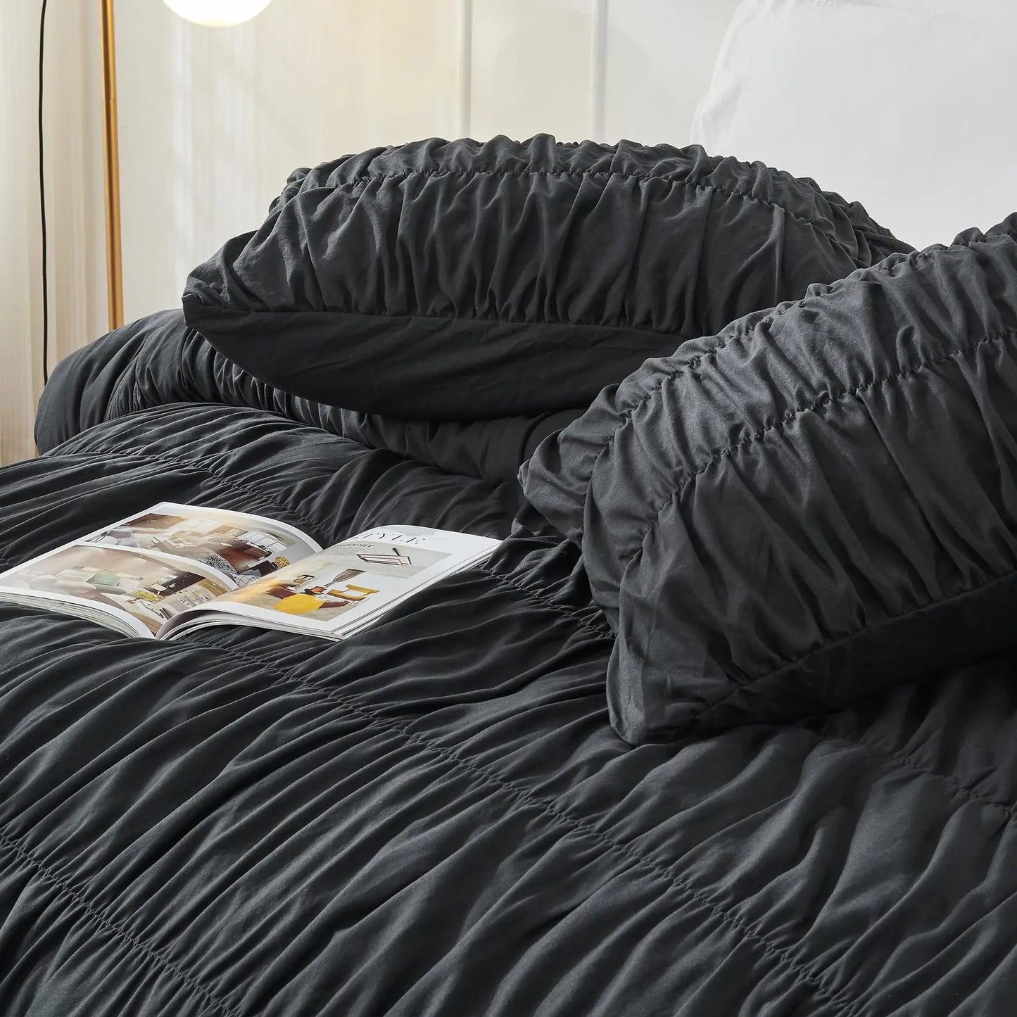 Ruched Black Duvet Cover Soft and Luxury Twin Queen King Comforter Cover Boho Shabby Chic Bedding Set - Fluffy 2/3 Piece Set.