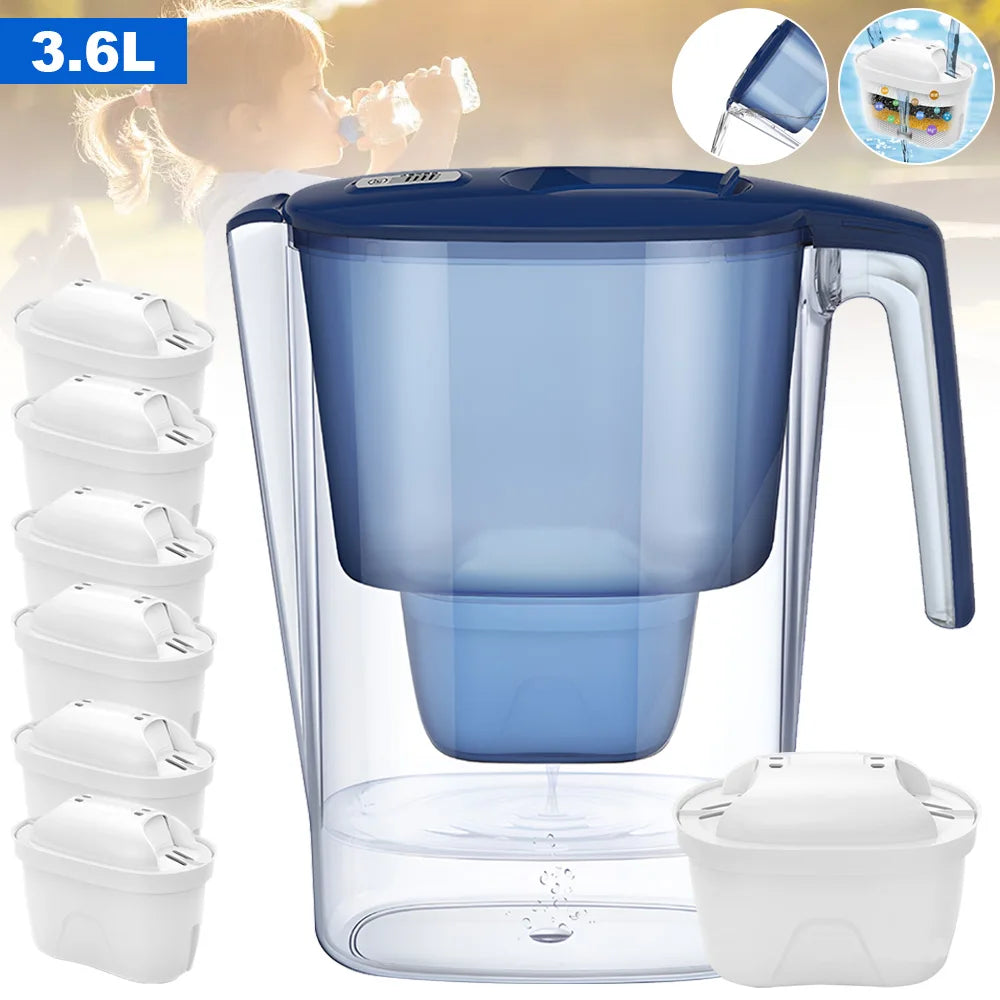 Household Filter Kettle with 6 Filter Device Activated Carbon Water Purifier and Filter Cartridges Non-toxic Filter Wate 3.6L.