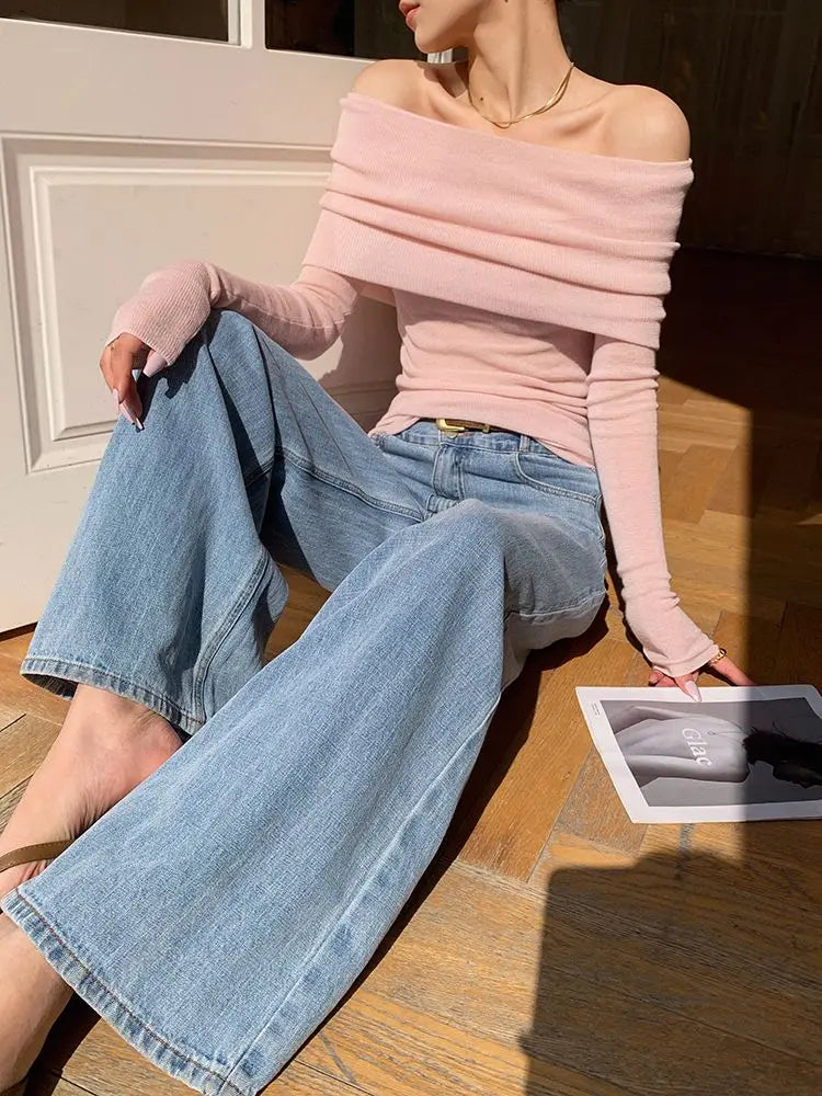 Slash Neck Pullover Frauen Tops Gestrickte Dünne Grundlegende Alle-spiel Sexy Elegante Off Schulter Herbst Winter Langarm Pullover weibliche.