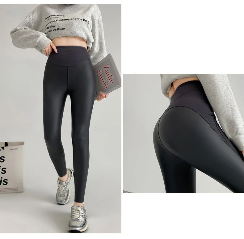 BIVIGAOS Herbst Neue Enge Stretch Leder Hosen Frauen Sharkskin Hohe Taille Spleißen PU Leder Fleece Sexy Leggings Winter Warm.