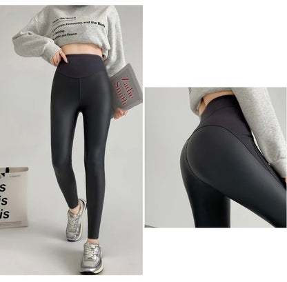 BIVIGAOS Herbst Neue Enge Stretch Leder Hosen Frauen Sharkskin Hohe Taille Spleißen PU Leder Fleece Sexy Leggings Winter Warm.