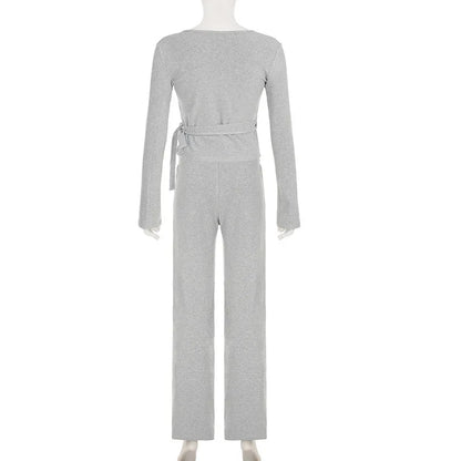 Apprabant Casual Fashion Drawstring High Waist Trousers Set Lace Up Flared Sleeve V Neck Twist Tops Plush Loose Pants Suit.