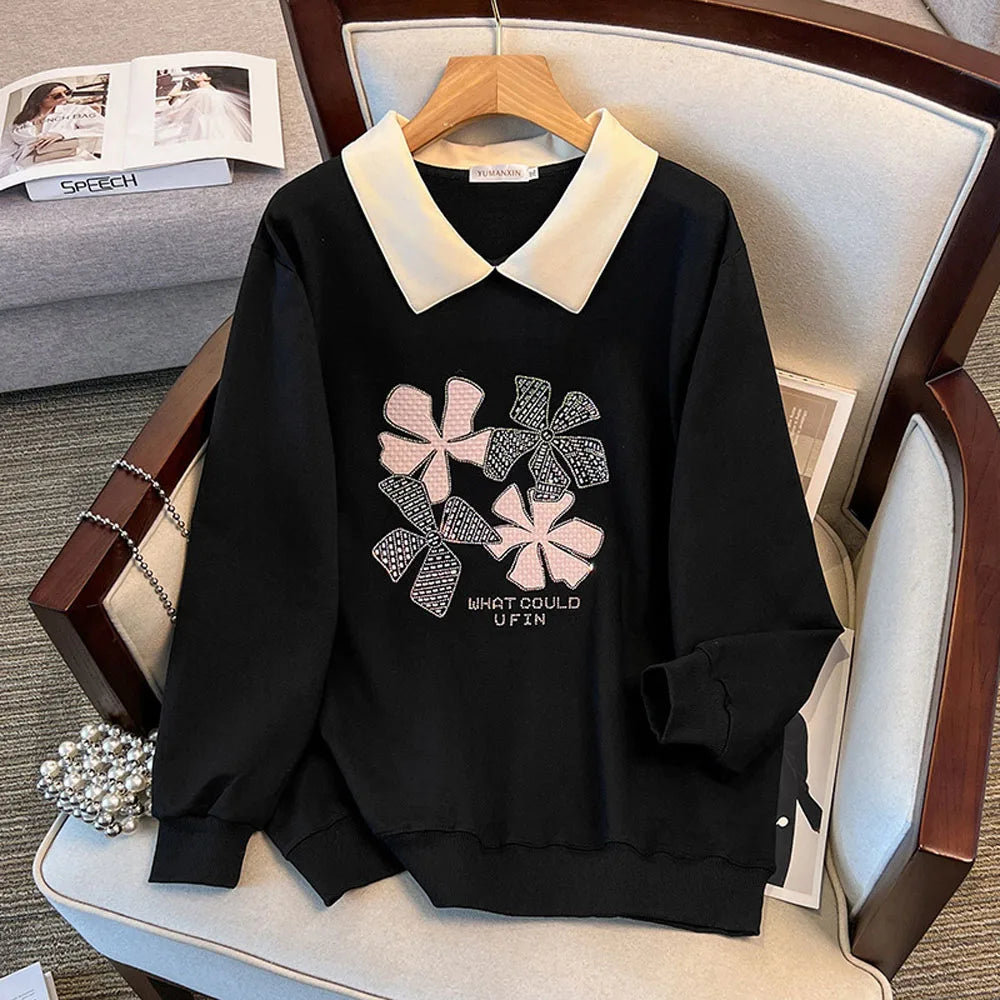 170 kg Plus Size Damen-Büste 170 Frühling Herbst Loose Diamond Collared Sweatshirt Schwarz 4XL 5XL 6XL 7XL 8XL 9XL