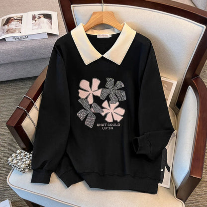170 kg Plus Size Damen-Büste 170 Frühling Herbst Loose Diamond Collared Sweatshirt Schwarz 4XL 5XL 6XL 7XL 8XL 9XL