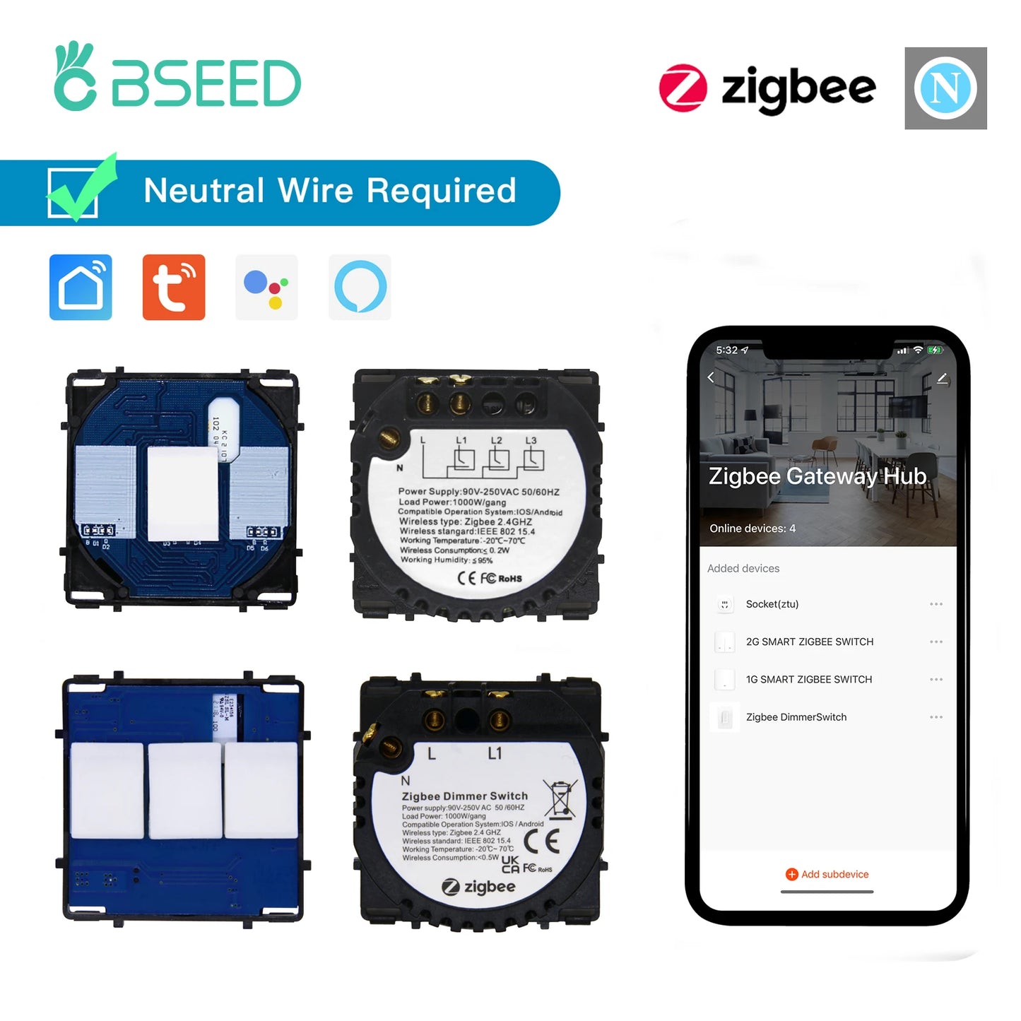 Bseed EU Standard Zigbee Lichtschalter Teile 1/2/3Gang Dimmer Vorhang Modul DIY Teil Tuya Smart Life Control Neutral Erforderlich.