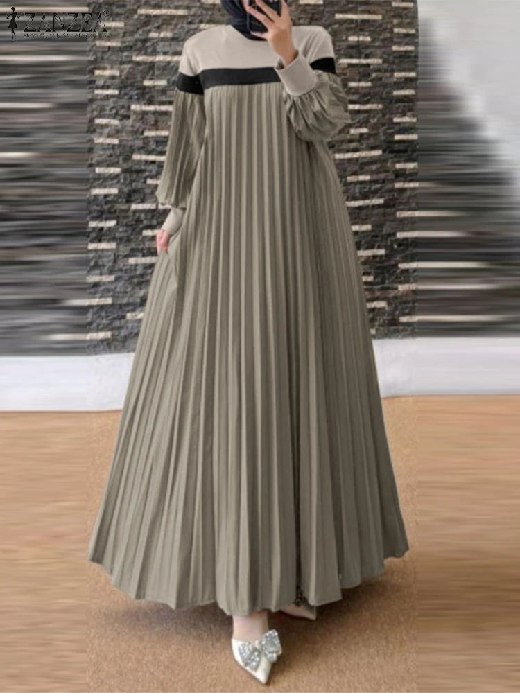 2025 ZANZEA Fashion Women Autumn Long Lantern Sleeve Muslim Dress Abaya Islamic Robe Kaftan Patchwork Sundress Pleated Vestidos.