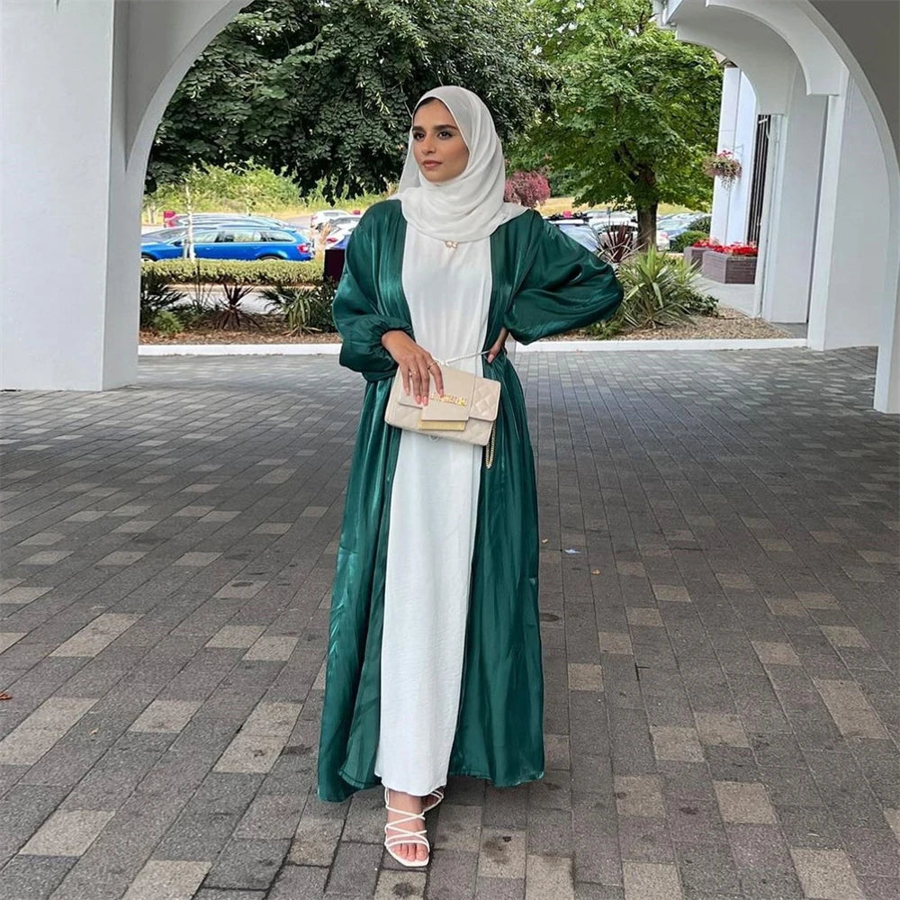 Ramadan Eid Open Satin Kebaya Abaya Dubai Luxury Kimono Kaftan Muslim Islam Dress Abayas For Women Caftan Robe Femme Musulmane.