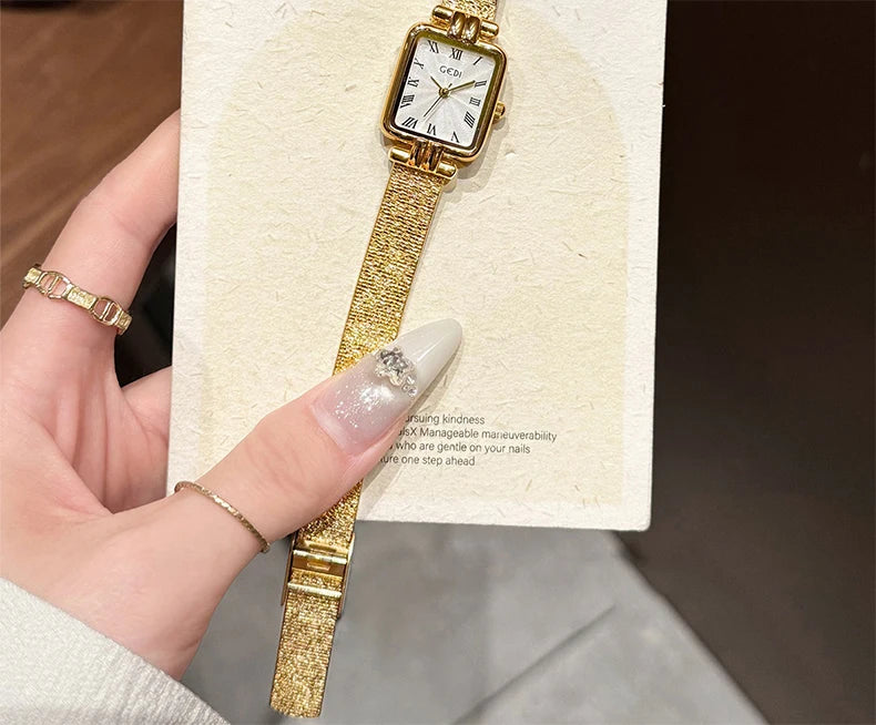 GEDI Gold Stainless Steel Quartz Watch Square Woman High-End Vintage Light Luxury Elegant Women's Wristwatches Gift.