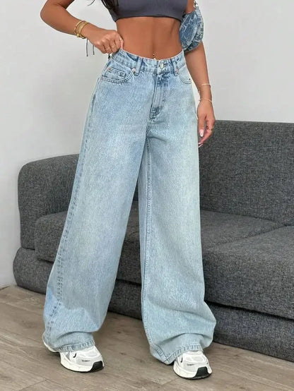 Retro High Waist Commuter Light Color INS Straight Leg Slimming Versatile Wide Leg Floor Length Pants Jeans.