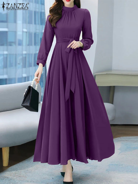 ZANZEA Women Long Sleeve A-line Sundress Spring Long Dress Autumn Solid Party Holiday Maxi Dresses Vestidos Femme Vintage Robe.