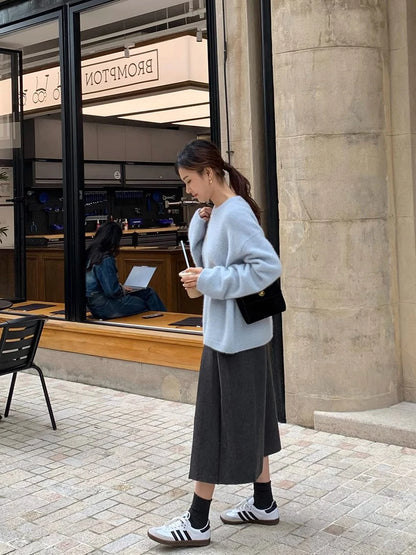 Thick Hepburn Style Woolen Pleated Skirt High Waist Slimming Casual Half Skirt Women Autumn Winter Unique Long Skirt.