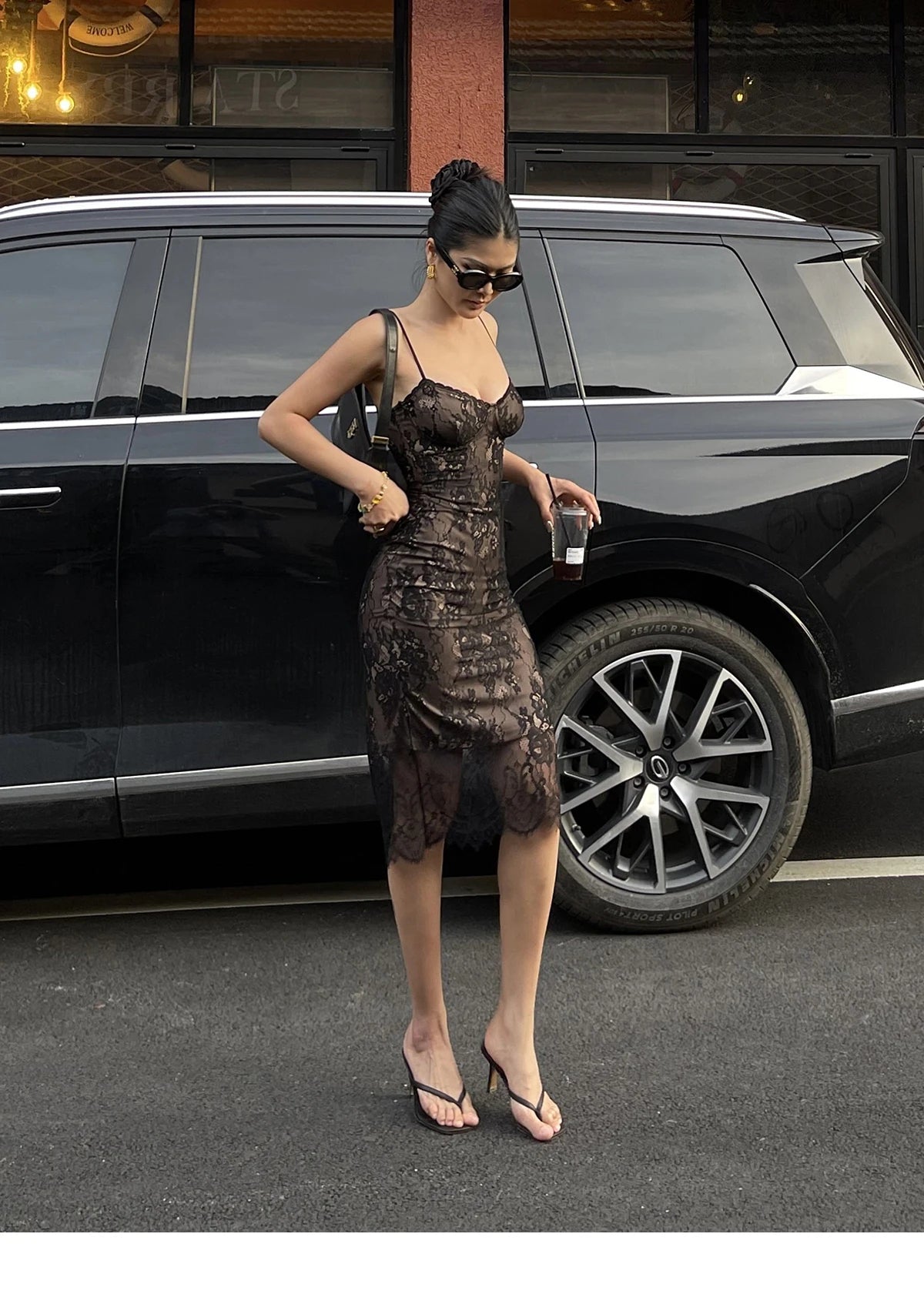 Sexy Spitzen riemen Kleid elegant für Frauen Sommer neue hohe Taille schlank gewickelt Hüfte mittellanges Kleid Mode Spitze süß 626x.