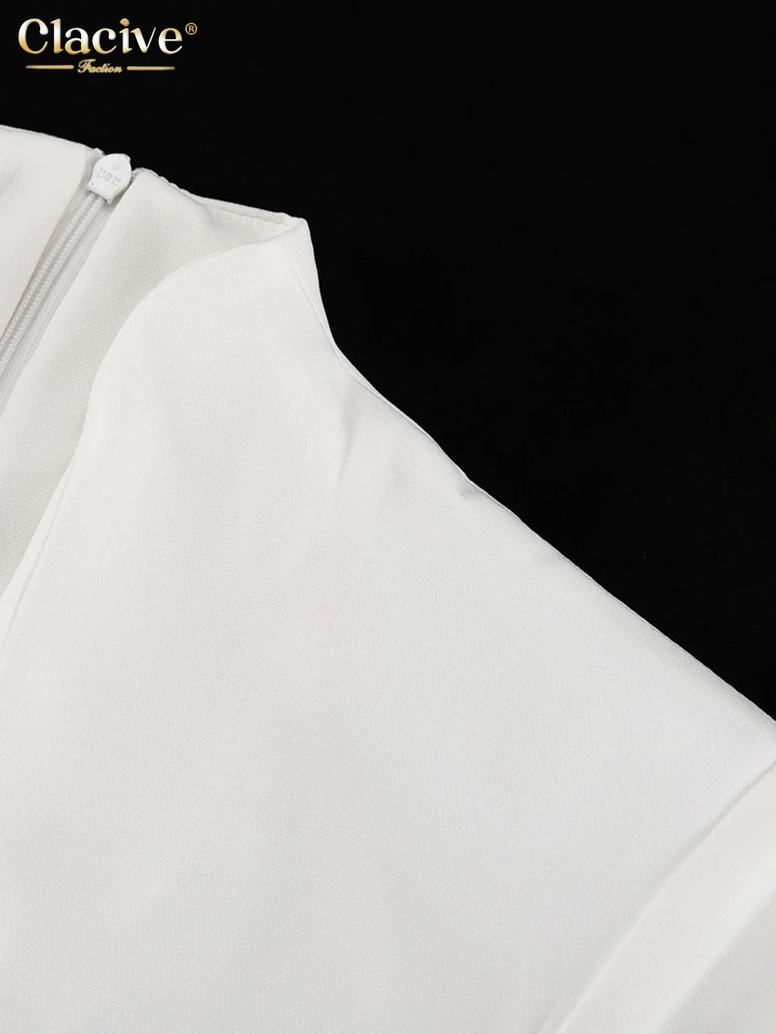 Clacive Sexy schlankes weißes Damenkleid 2025, modisches V-Ausschnitt, lange Ärmel, knöchellanges Kleid, elegantes, klassisches, geschlitztes Damenkleid.
