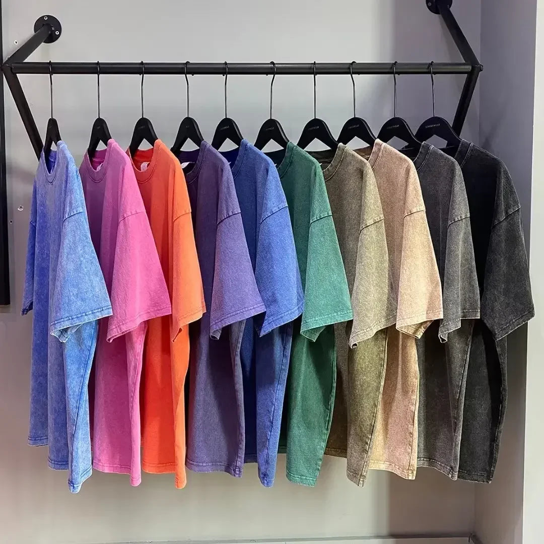 American Style Retro Heavyweight Solid Color Short Sleeved T-shirt Men Women Summer Street Trendy Washed Old Oversized Clothes.