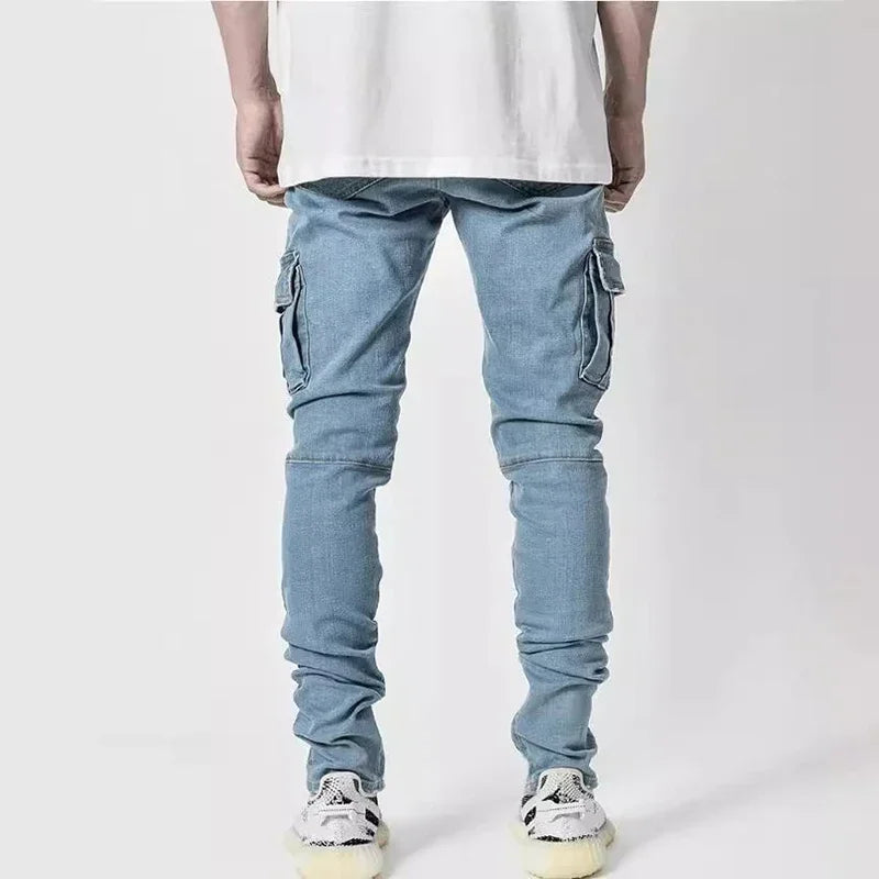 Männer Straße elastische Jeans Jeans waschen einfarbige Multi-Taschen Cargo hose lässig Slim Fit täglich tragen Jogger mittlere Taille Hose.