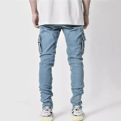 Männer Straße elastische Jeans Jeans waschen einfarbige Multi-Taschen Cargo hose lässig Slim Fit täglich tragen Jogger mittlere Taille Hose.