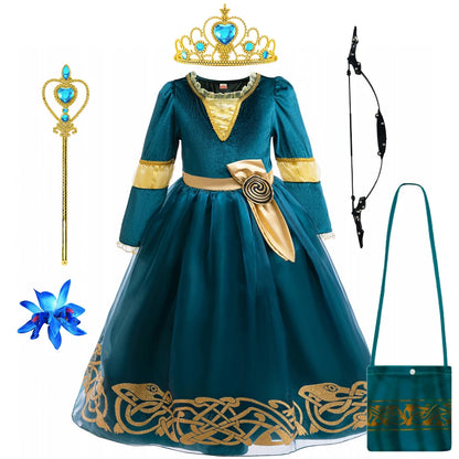Girls Merida Cosplay Princess Dress Children Stage Performance Clothes Kids Halloween Carnival Party Long Sleeves Outfits